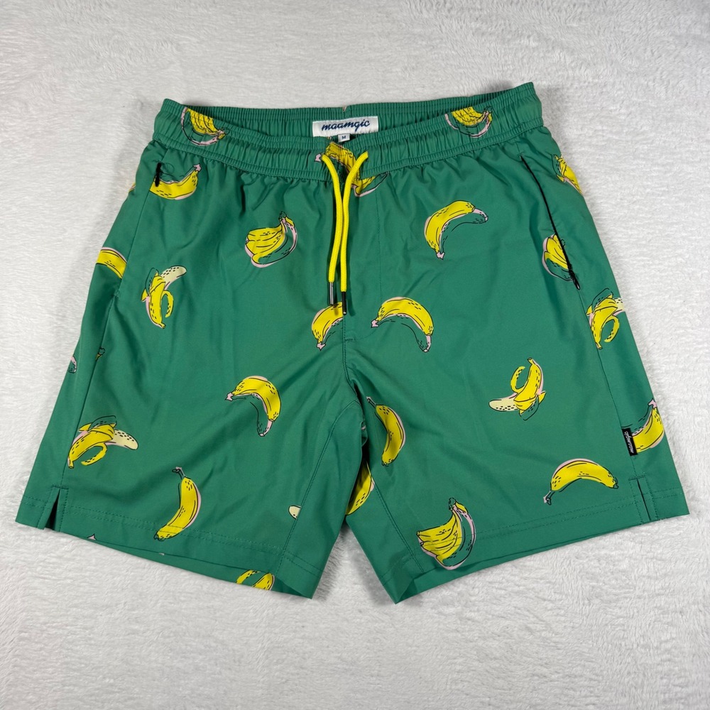 Maamgic Swim Trunks Mens Medium Vibrant Green Banana Print Quick Dry Mesh Liner